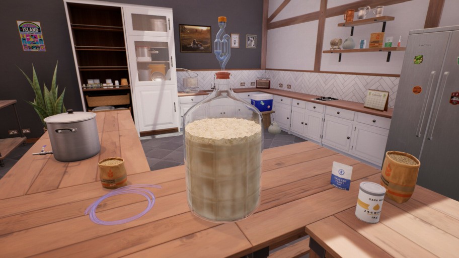 Fermenting beer in a large glass jug with airlock, ingredients and brewing pot on a wooden table – Brewmaster: Beer Brewing Simulator PC screenshot